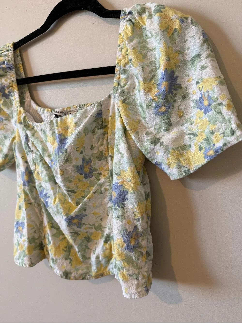 Abercrombie & Fitch Yellow and Blue Floral Puff-Sleeve Square Neck Top